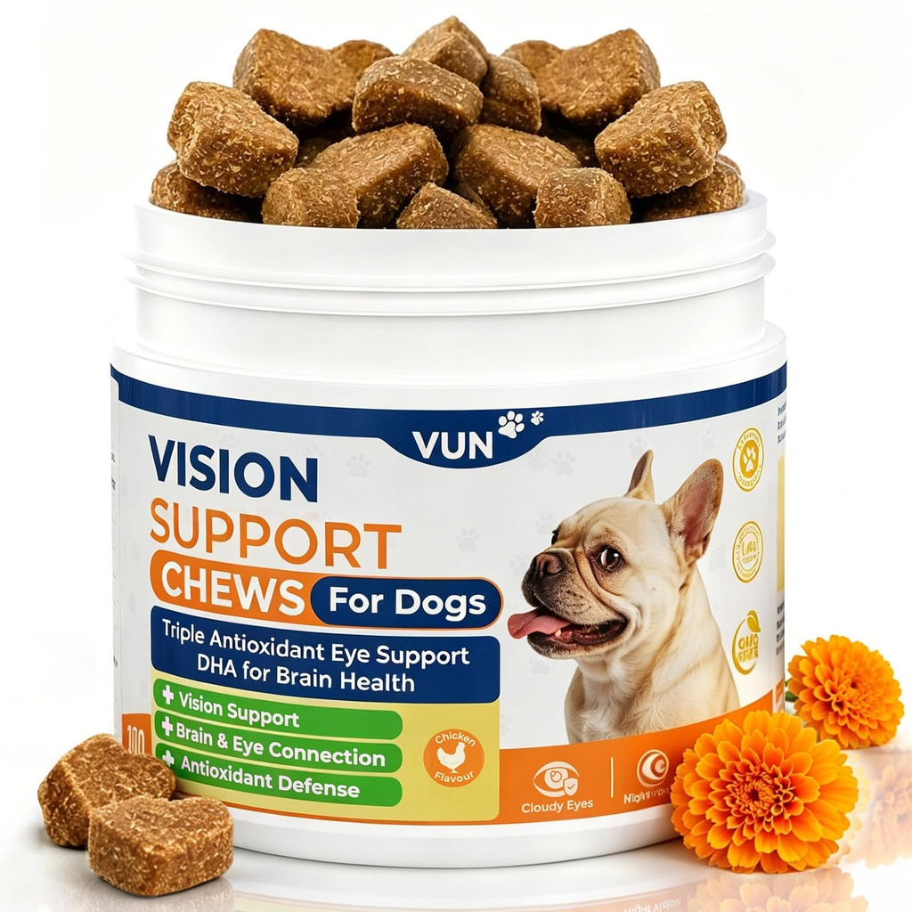 VUN Dog Eye Supplements-Dog Vision Supplement Soft Chew for Cloudy Eyes,Dry Eye and Night Vision of Senior Dogs,Antioxidant Eye Care,100 Counts (Chicken Flavor)