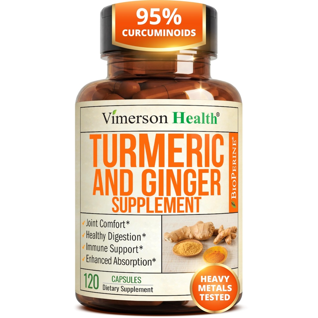 Turmeric and Ginger Supplement with Organic Tumeric for Daily Joint Support, Digestive & Immune Health – with Ginger & Black Pepper Extract (BioPerine) for Enhanced Absorption – Non-GMO – 120 Capsules