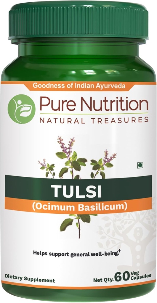 Pure Nutriton Tulsi Extract 708mg - 60 Caps (Extract Equiv. to 2585mg Basil Leaf Powder) with Eugenols and Ursolic Acid | 60 Veg Caps | Non GMO | Once Daily | 60 Days Supply.