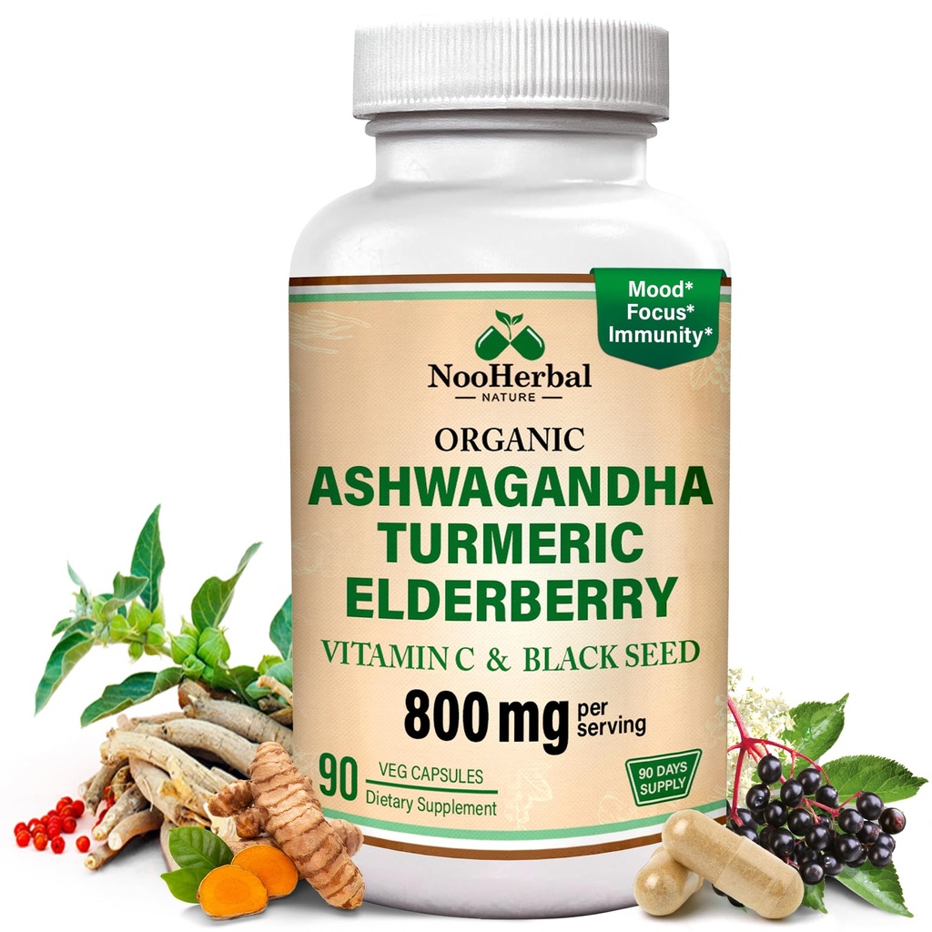 Ashwagandha Supplements with Turmeric Curcumin, Elderberry, Vitamin C & Black Seed - Supports Relaxation, Mood & Immune Health - 800mg - 90 Vegan Capsules, Non-GMO & Gluten-Free