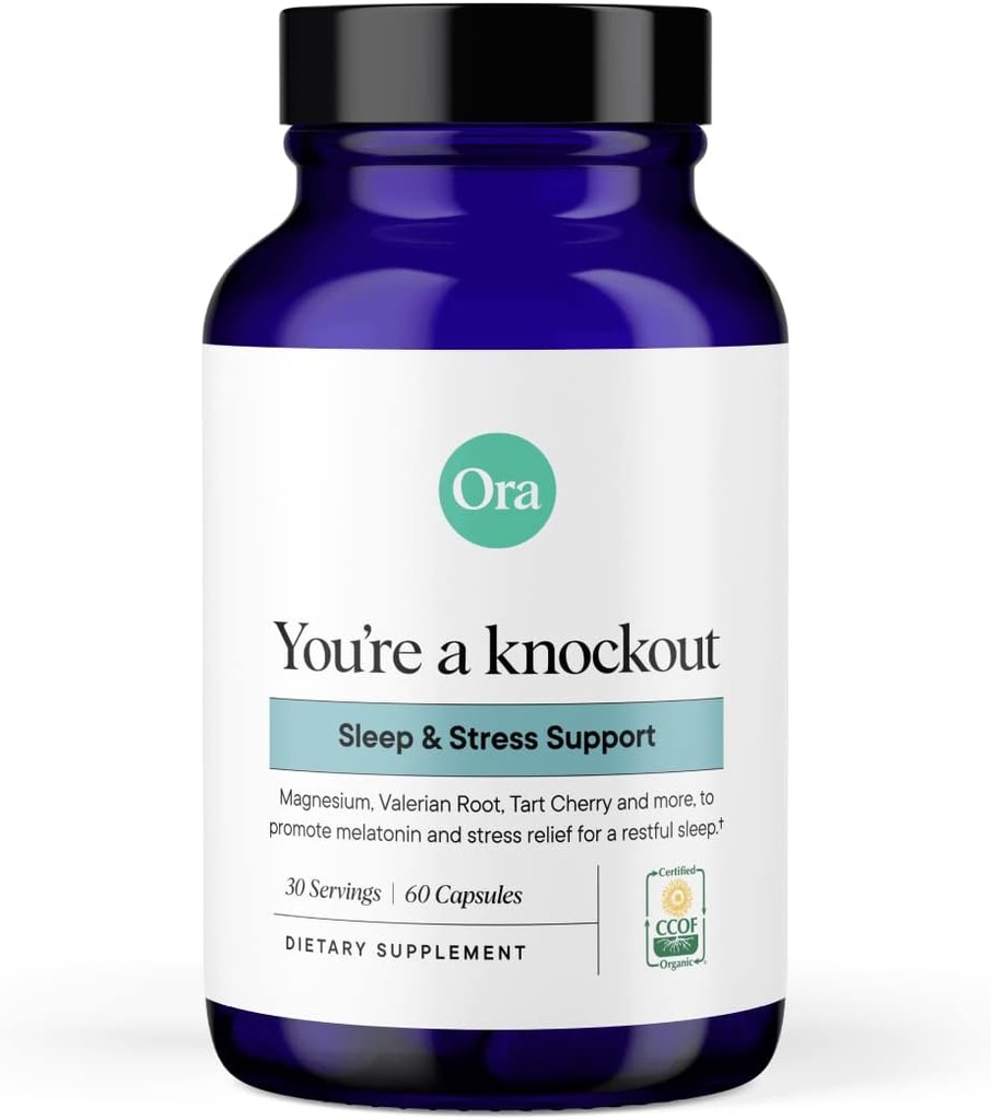 Ora Organic Natural Sleep Aid Supplement Stress Support Calming Herbal Blend with Melatonin from Tart Cherry - Περιλαμβάνει κιτρικό μαγνήσιο, ρίζα βαλεριάνας, και βάλσαμο λεμόνι - 1 μήνα προσφοράς, 60 κάψουλες