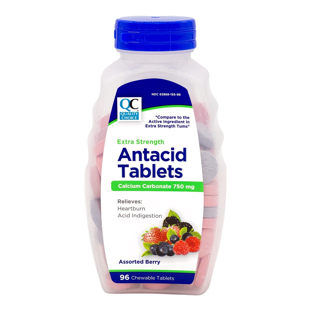 Quality Choice Extra Strength Antacid Tablets, Calcium Carbonate 750 mg, Assorted Berries, 96 Count (Pack of 3)