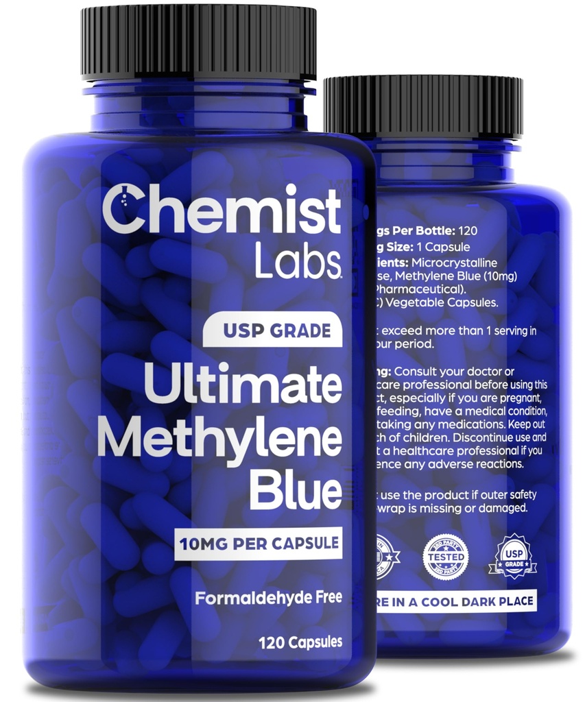 Methylene Blue Capsules for Humans - USP Grade 99% Purity, Methylene Blue Pharmaceutical Grade, Third Party Tested, Supports Cellular & Mitochondrial Function, Made in USA, 120 Count