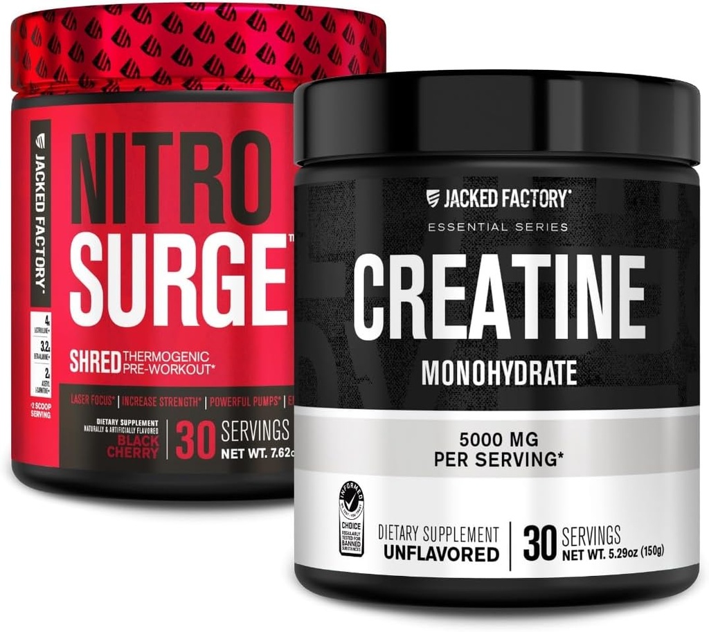 Jacked Factory NITROSURGE Shred Pre Workout Supplement (Μαύρο κεράσι, 30 υπηρεσίες) & Creatine Monohydrate Powder (Άγευστη, 30 υπηρεσίες)