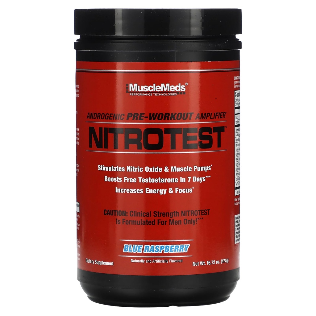 ΜύεςMeds Nitrotest Pre-Workout συμπλήρωμα ποτό, ενίσχυση Nitric oxide, τεστοστερόνη, Blue Raspberry, 30 υπηρεσία, 1,04 λίρα, 1 κόμης