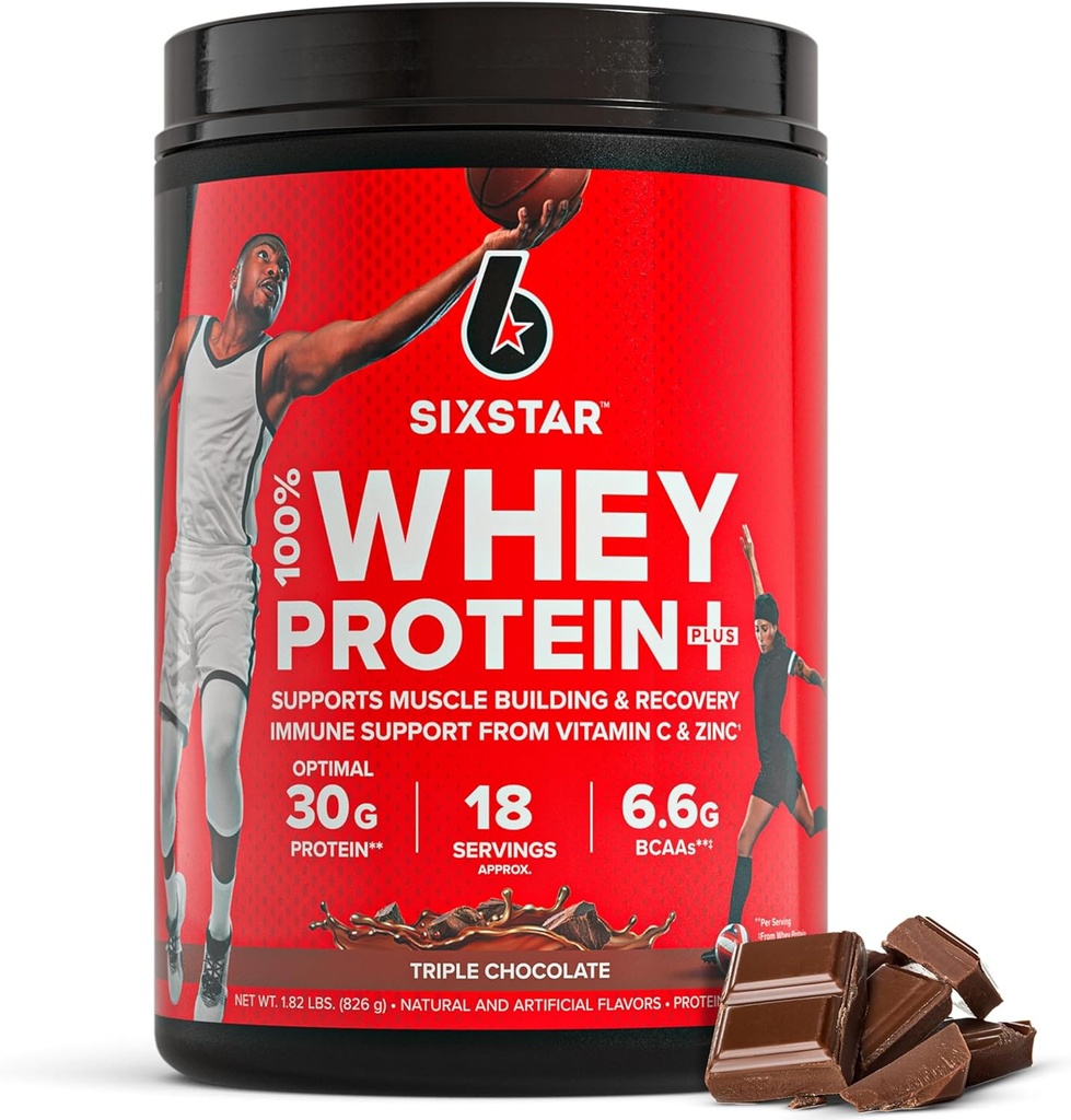 Six Star Whey Protein Powder Plus - Muscle Building & Recovery Formula με Whey Isolate Powder, BCAAs, 30g Protein, Immune Support - Συμπλήρωμα μετά την προπόνηση - Τριπλή σοκολάτα, 1,8 lbs