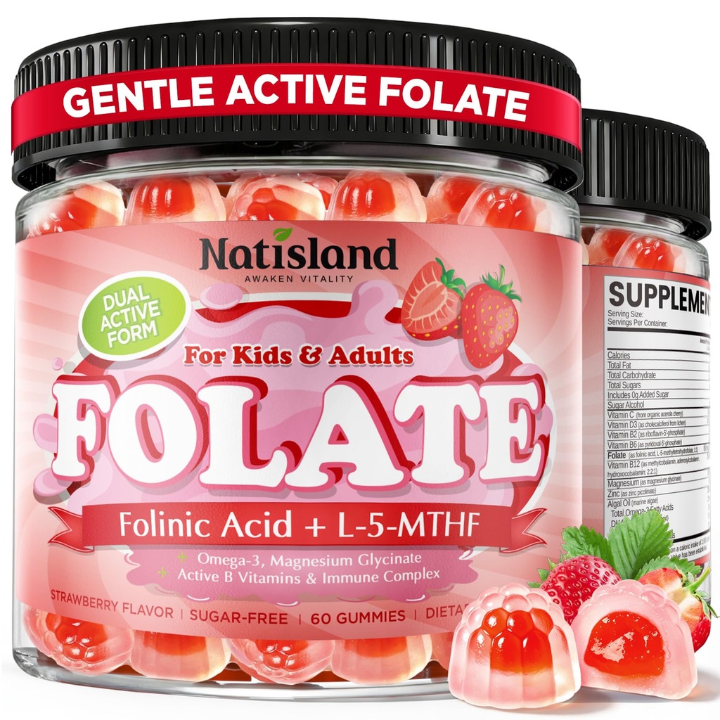 Folinic Acid for Kids & Adults, Folinic Acid with Methylfolate, Magnesium, Omega-3, Vitamin C, D3, Zinc, Methylated B-Complex, Dual Active Folate Supplement, Immune Formula, Sugar Free, Vegan, 60CT