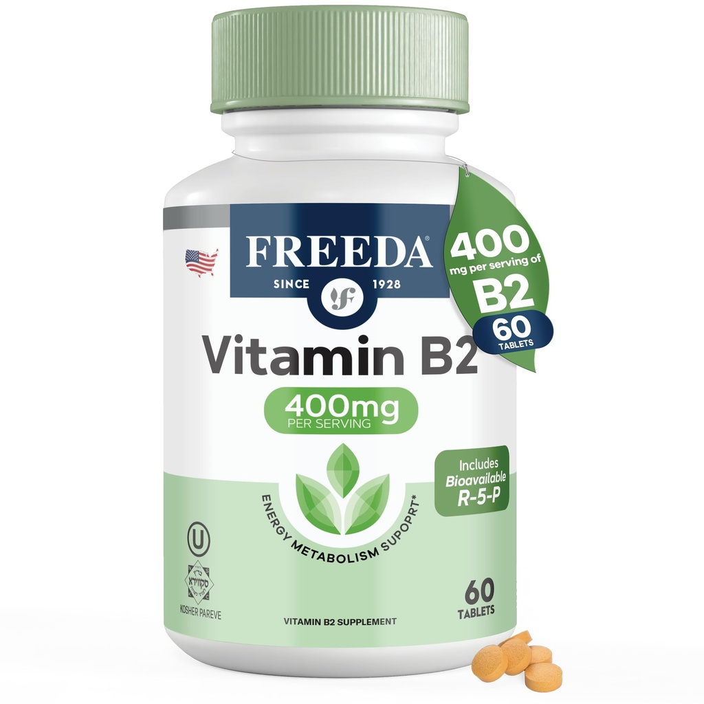 FREEDA Vitamin B2 400 mg Supplement with Riboflavin-5-Phosphate – High Potency B2 Vitamins Riboflavin 400mg per Serving for Energy, Metabolism & Nervous System – Vegan VIT B 2, Small Tablets (60 Ct)