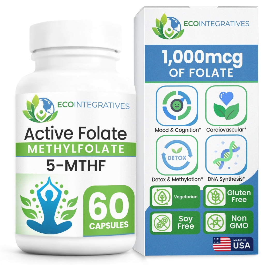 Active Folate Methylfolate 5-MTHF – Methylated Folate 1000 mcg (1700mcg DFE), Bioavailable B9 for Mood, Methylation, Prenatal & Heart Health*, Vegan, Gluten-Free, Non-GMO – 60 Capsules