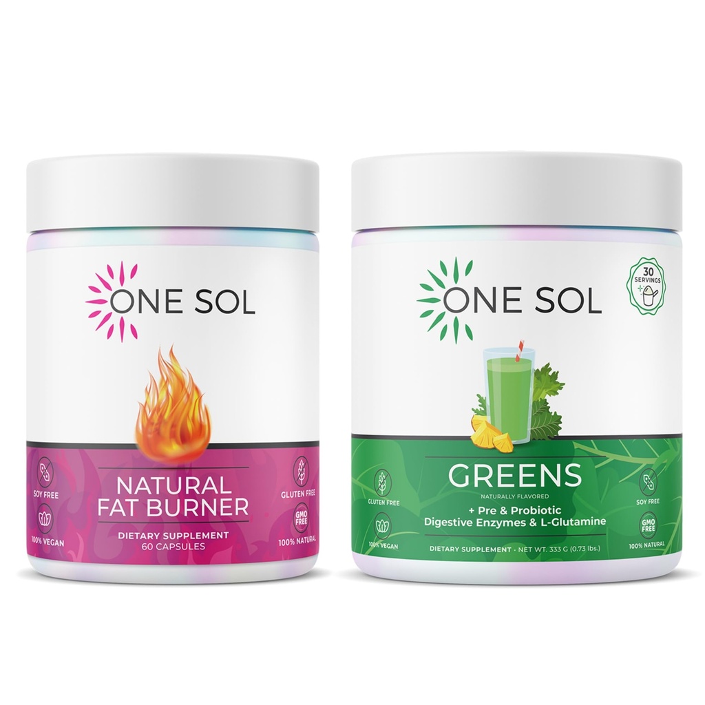 One Sol Fat Burner & Greens Bundle: Natural Metabolism, Energy & Gut Health Support with Superfoods, Probiotics & All-Natural Ingredients (Fat Burner + Super Greens)