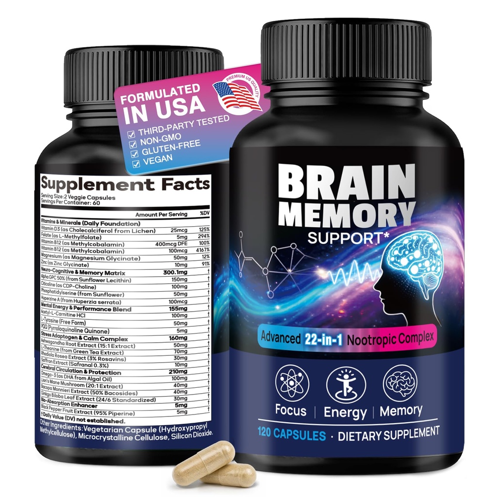 22-in-1 Brain Supplements for Memory and Focus – Featuring Standardized Ginkgo Biloba & Citicoline, Lion's Mane, Phosphatidylserine & PQQ | Brain Health Support | Vegan| 120 Capsules | 60-Day Supply