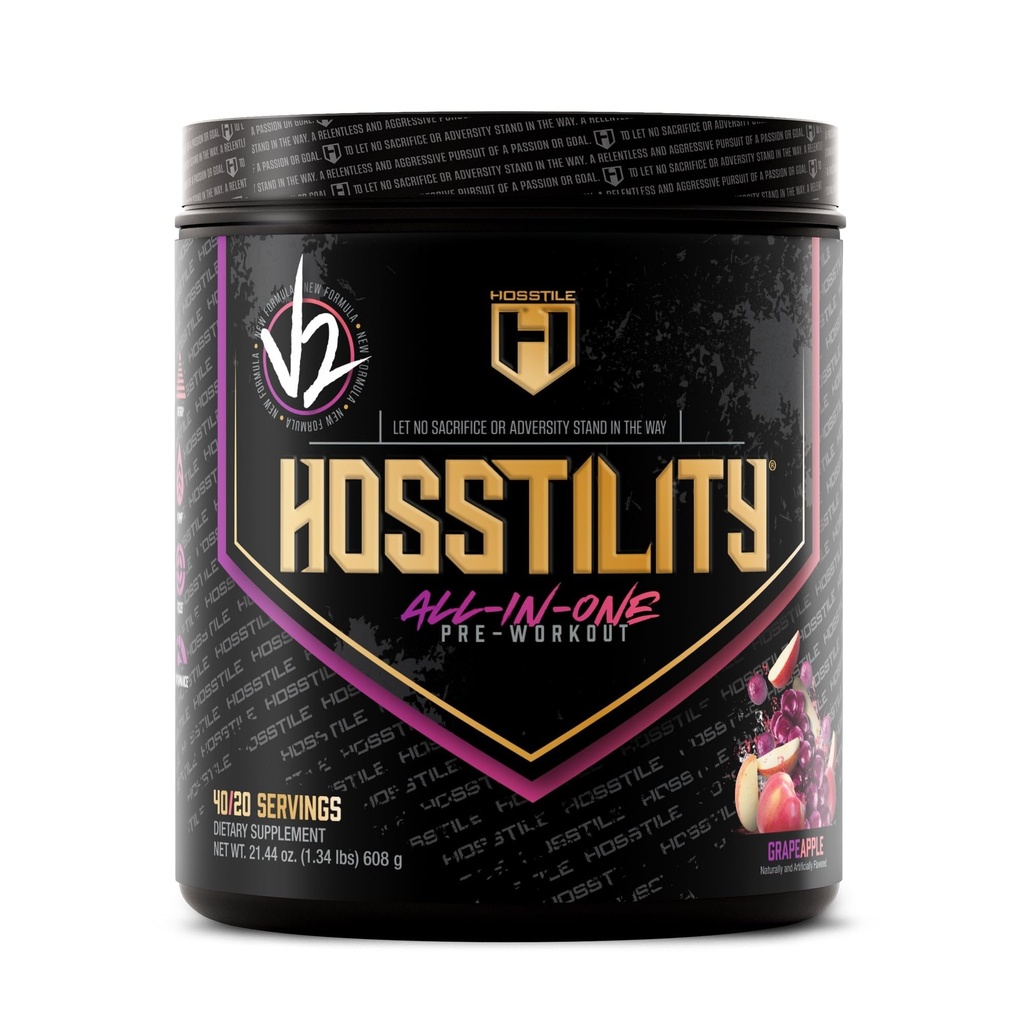 HOSTILE Hostility V2 Pre Processing, All-in-One Pre Processing Powder for Men and Women, Ενισχύστε την αντλία μυών, Αυξήστε την ενέργεια, Boost Strength, Sharpen Focus, Grape Apple, 40 υπηρεσίες