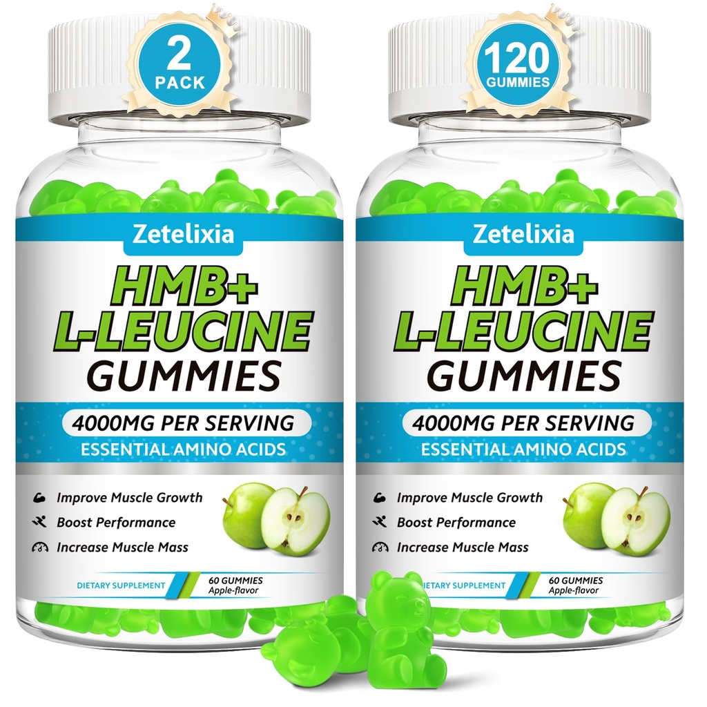 HMB and L-Leucine Gummies, 4000mg HMB and Leucine Supplements Amino Acid Gummies for Men & Women, Support Muscle Growth, Muscle Relief and Workout Recovery, Sugar-Free, Vegan, Apple Flavor, 120 Count