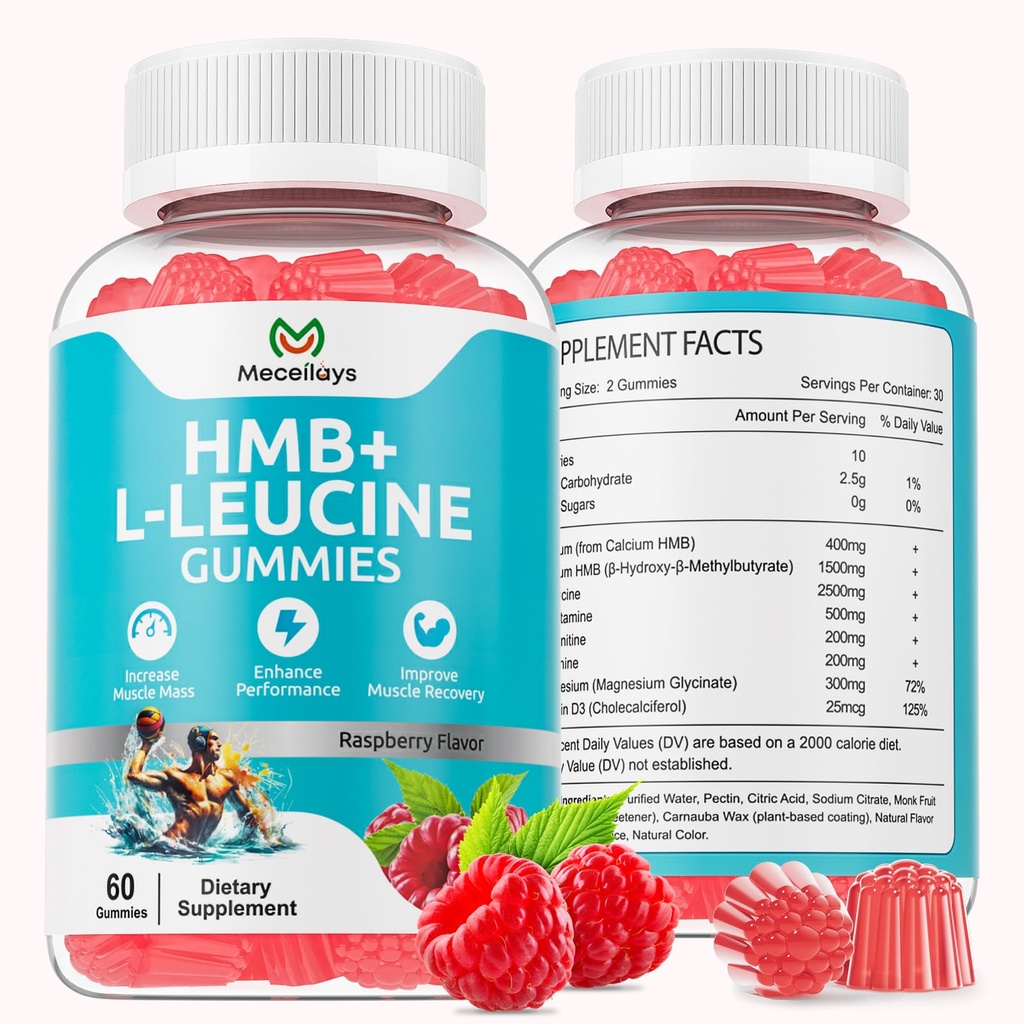 2 Pack Hmb and Leucine Gummies Supplements for Men Women, 4000mg HMB & L-Leucine Amino Acid for Muscle Growth & Fast Work0ut Recovery, Non-GMO, Gluten-Free, Raspberry Flavor,120 Count