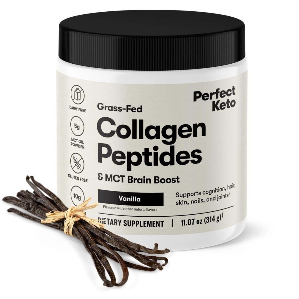 Perfect Keto Collagen Peptides Protein Powder με λάδι MCT, Grass Fed, Hydrolyzed Collagen, Type I & III συμπλήρωμα, Keto Coffee Creamer, Βανίλια