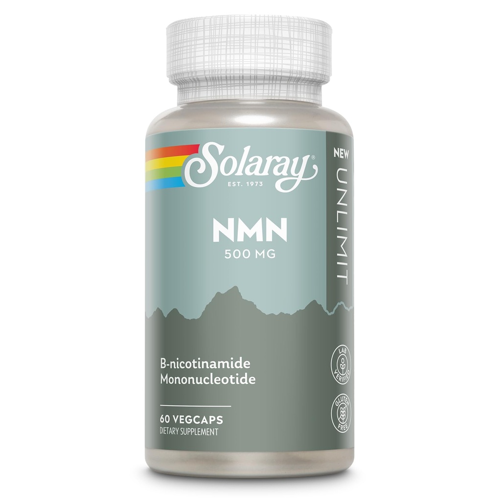SOLARAY NMN Supplement 500 mg - Precursor to NAD Plus, Once Daily - Supports Longevity, Cellular Energy and Metabolism, Healthy NAD Plus Levels - Lab Verified, Non GMO, Vegan - 60 Servings, 60 VegCaps