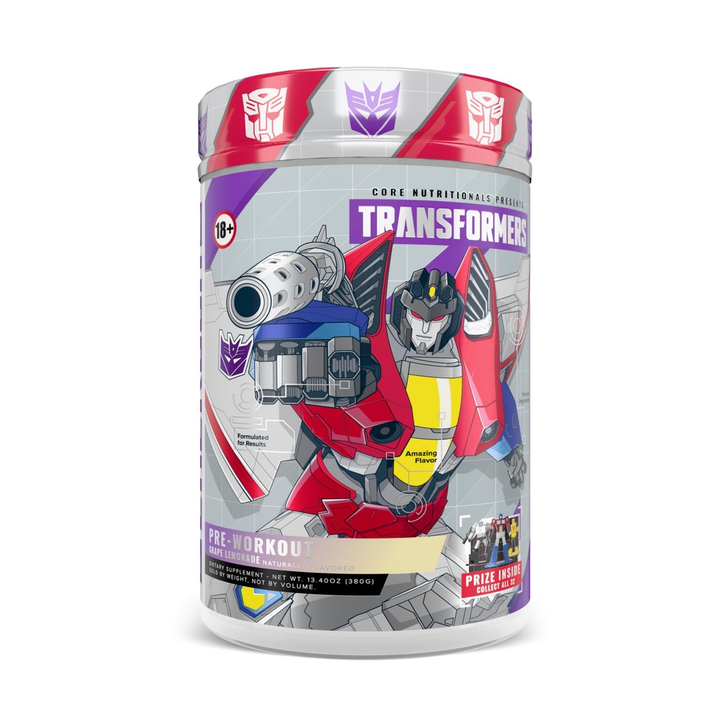 Core Nutritionals Transformers Energon Pre Workout | 300mg Paraxanthine | No Crash Energy & Focus | Free Prize Inside - Starscream | 20 Servings (Grape Lemonade)