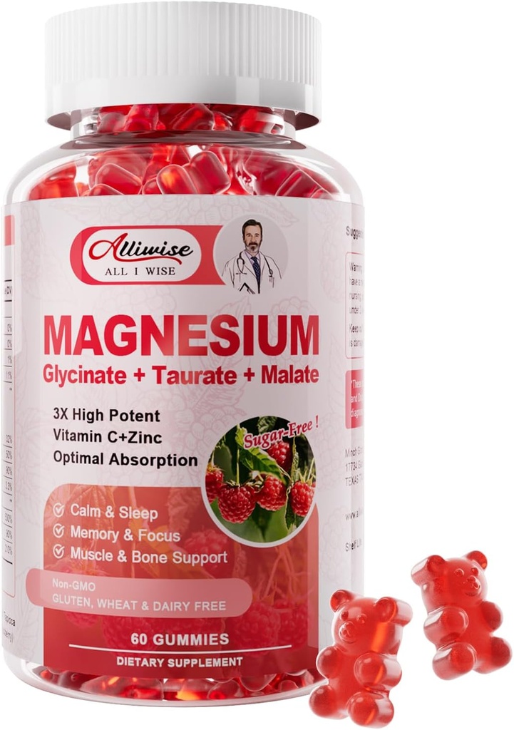Γλυκινικό μαγνήσιο Gummies, συμπλήρωμα καλίου μαγνησίου με ταυρικό, μηλεϊκό, βιταμίνες D, C, B6, ασβέστιο, υποστήριξη σώματος, Raspberry Magnesium Gummies για ενήλικες & παιδιά