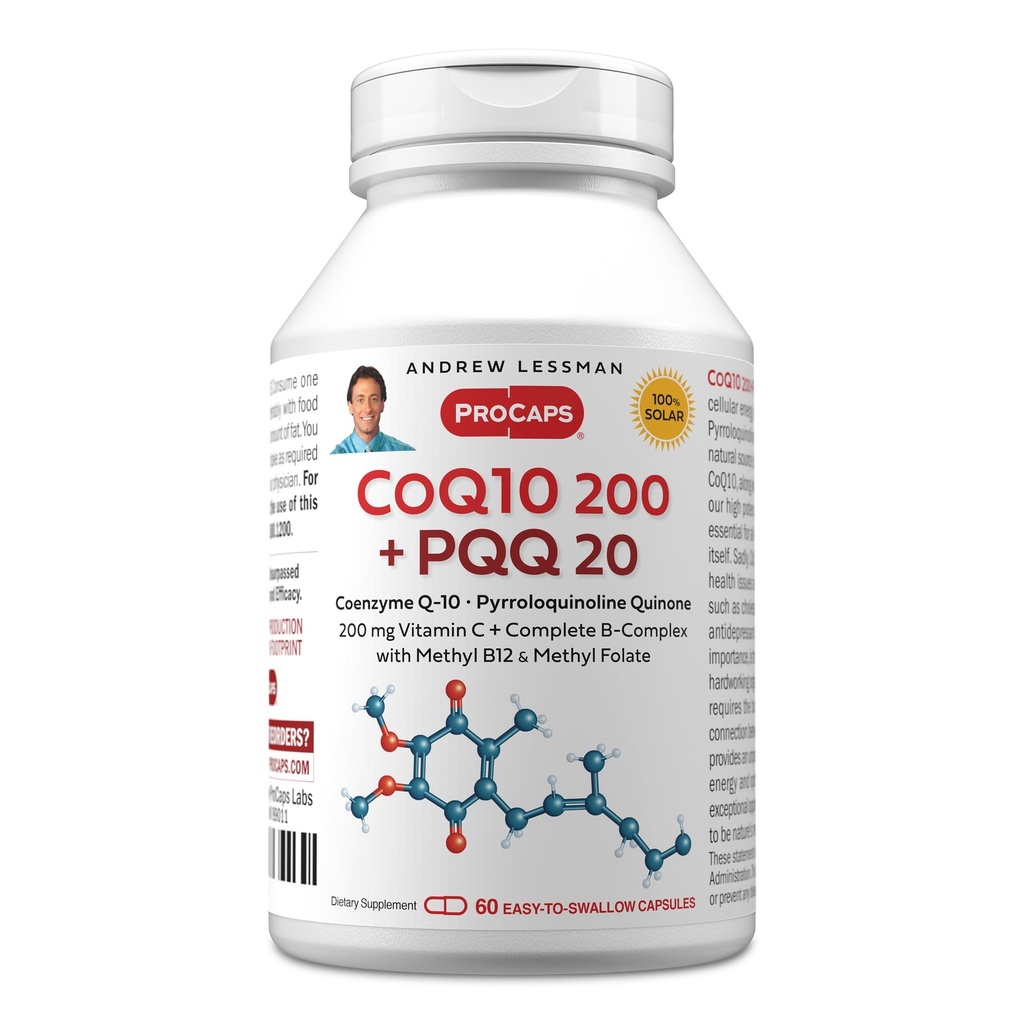 ANDREW LESSMAN Coenzyme Q-10 200 Plus PQQ 20mg - 60 Capsules - Maintains CoQ10 Levels, Optimum Cellular Energy, Supports Energy Production, Heart, Brain, Liver, Kidney, Pancreas. No Additives