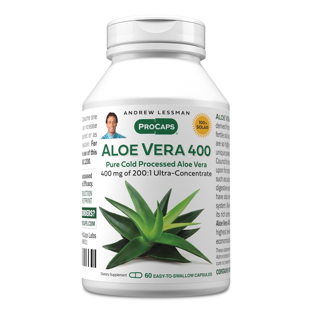 ANDREW LESSMAN Aloe Vera 400 mg - 60 Capsules - Provides 200:1 Ultra-Concentrate of Aloe Vera, Soothing Support for Stomach and Digestive System, No Additives, Small Easy to Swallow Capsules