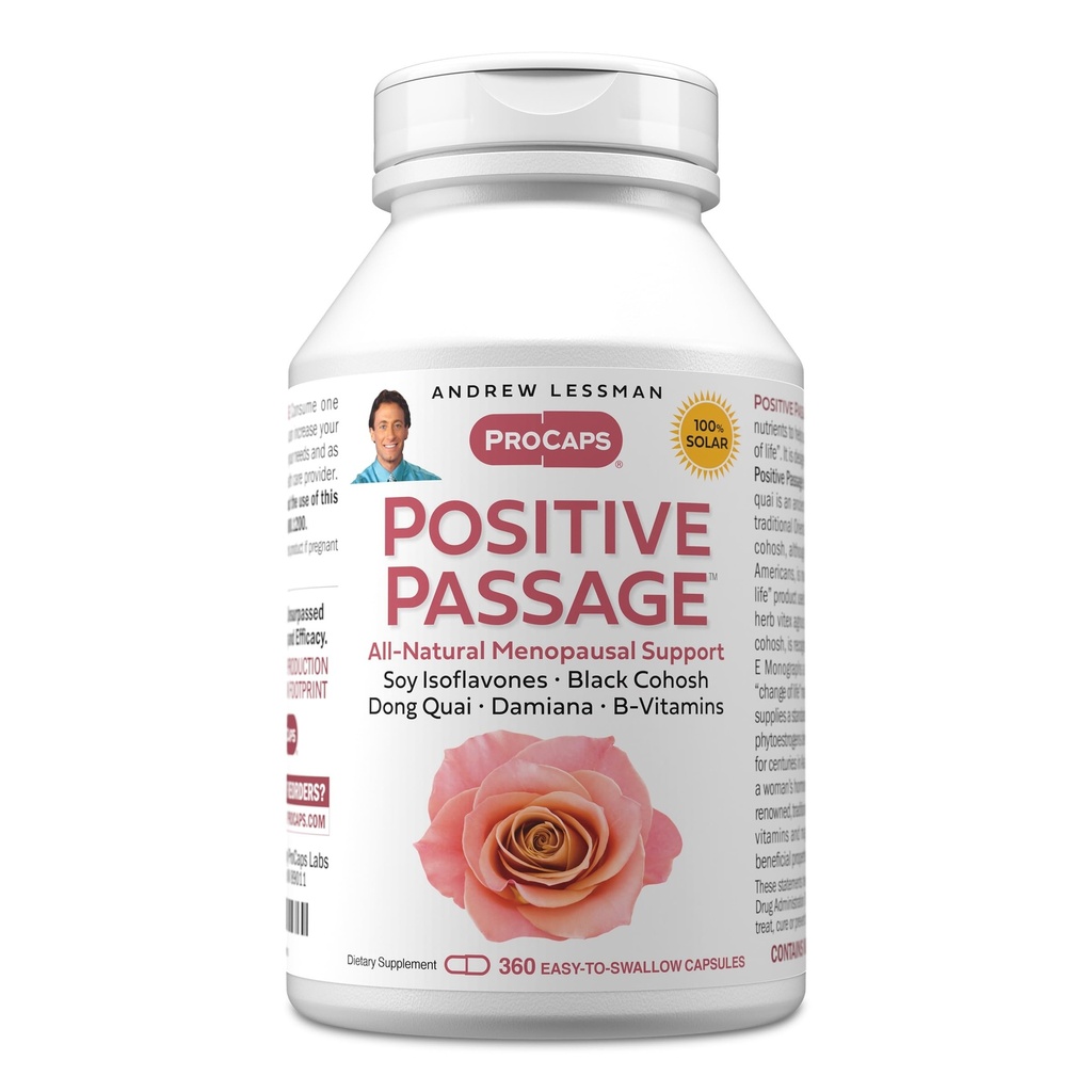 ANDREW LESSMAN Positive Passage 360 Capsules - Natural Menopausal Support and Balance for Women's Hormone Levels. with Soy Isoflavones, Black Cohosh, Dong Quai, Damiana. No Additives