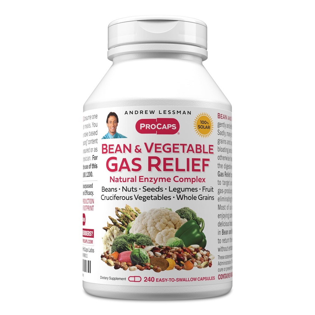 ANDREW LESSMAN Bean and Vegetable Gas Relief 240 Capsules - Natural Enzyme Complex Reduces Gas, Bloating from Beans, Cruciferous Vegetables, Fruits, Grains and Other Foods. Gentle and Effective