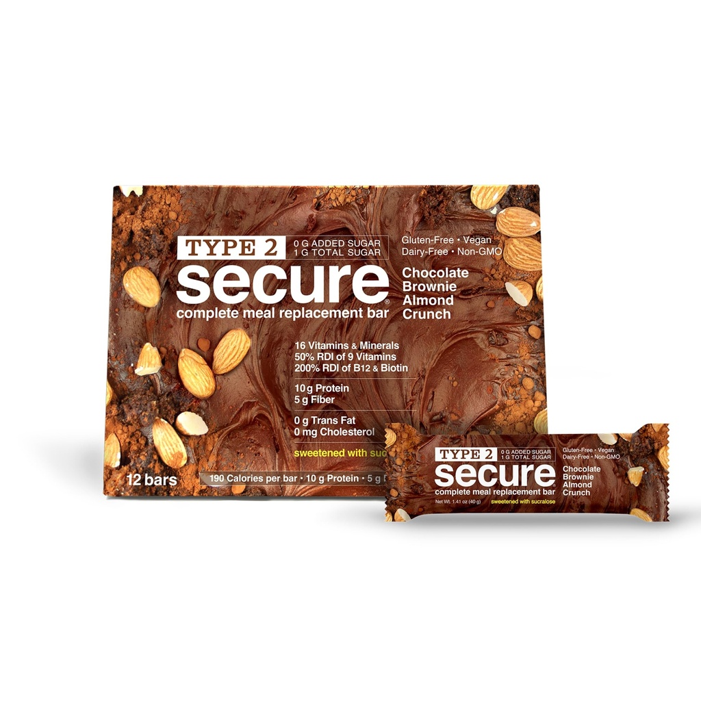 ANDREW LESSMAN Type 2 Secure Complete Meal Replacement Bars (Sucralose) – Chocolate Brownie Almond Crunch – 36 ct box – 10g Protein, 0g Added Sugar, 16 Essential Vitamins & Minerals, Gluten-Free