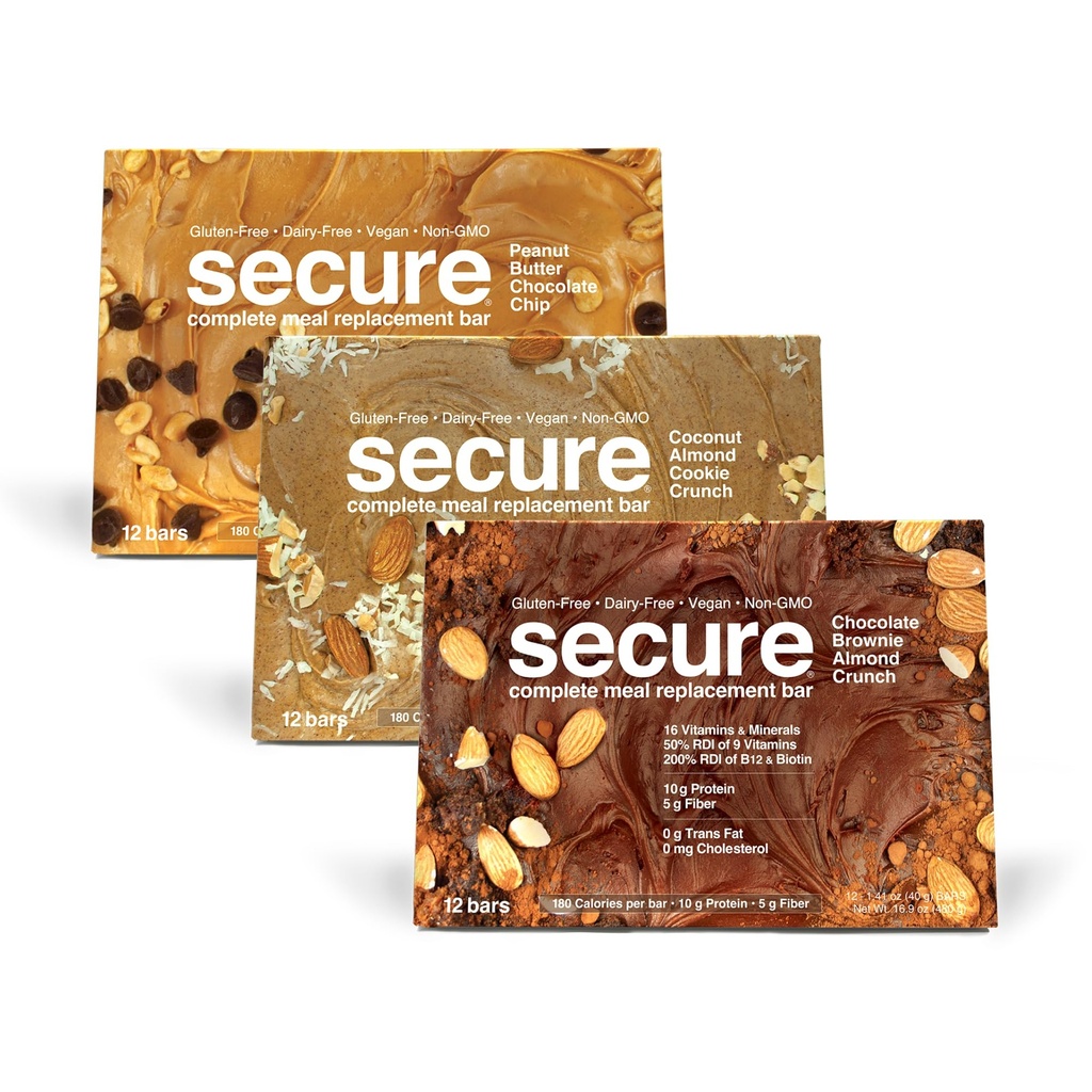 ANDREW LESSMAN Secure Bars 40g - Peanut Butter Chocolate + Chocolate Brownie Almond + Coconut Almond - High Protein & Fiber Snack – 36 Bars - Non-GMO, Gluten-Free, Vegan, Low Calorie Meal Replacement