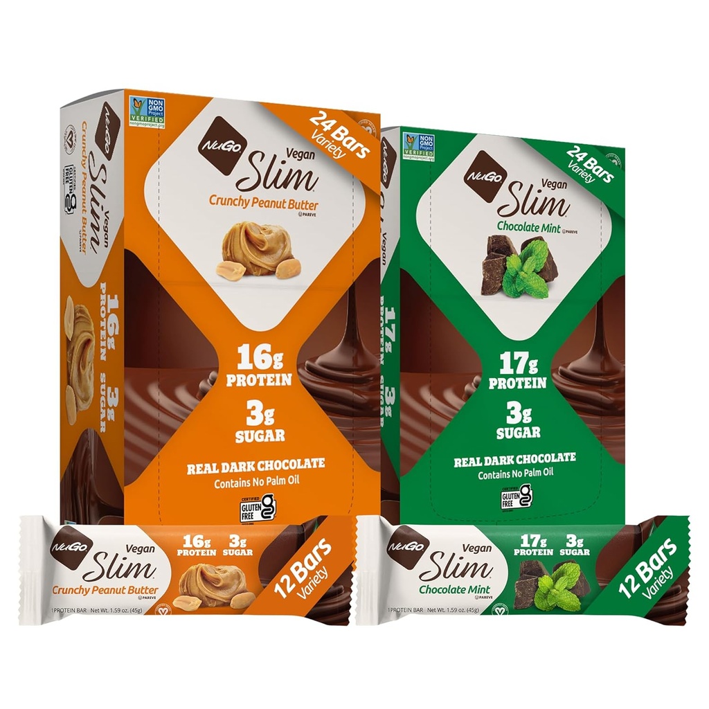 NuGo Slim Vegan Variety - Crunchy Φυστικοβούτυρο 12 bars & Mint σοκολάτα 12 bars, Low Net Carb, Keto Friendly, 16-17g Πρωτεΐνη με βάση το φυτό, Χωρίς γλουτένη, 24 count