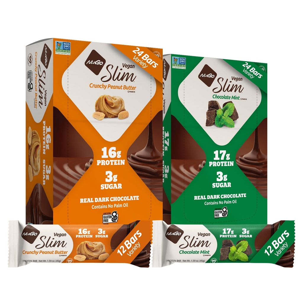 NuGo Slim Vegan Variety - Crunchy Φυστικοβούτυρο 12 bars & Mint σοκολάτα 12 bars, Low Net Carb, Keto Friendly, 16-17g Πρωτεΐνη με βάση το φυτό, Χωρίς γλουτένη, 24 count