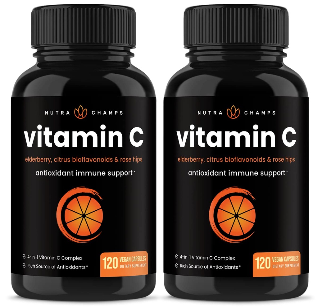 NutraChamps (2 Pack) Βιταμίνη C 1000mg με Elderberry, Citrus Bioflavonoids & Rose HIPS - 120 Κάψουλες Vegan, Αντιοξειδωτικό μη ΓΤΟ συμπλήρωμα για την ανοσοποιητική υγεία & κολλαγόνο 500mg χάπια σκόνης