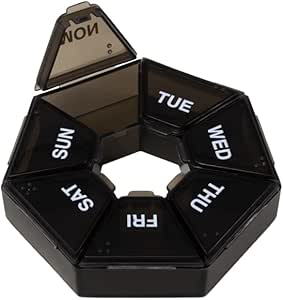 EZY DOSE 7-Day Weekly Pill Organizer, Daily Medicine Container and Vitamin Planner, Round Supplement Case, Compact, Travel Friendly, Portable Storage Sorter, 7-Sided Circle, Black, BPA Free