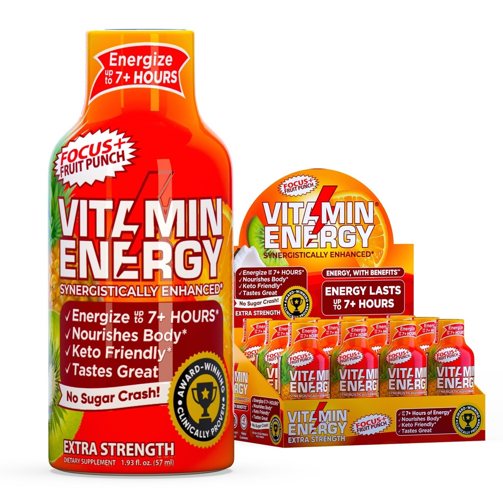 Vitamin Energy Focus+ Extra Strength Energy Shot Fruit Punch 12 Pack, 260mg Natural Caffeine, B-Vitamins, CoQ10, Amino Acids, Focus, Productivity & Clarity, Zero Sugar, Gluten-free, 1.93 fl oz