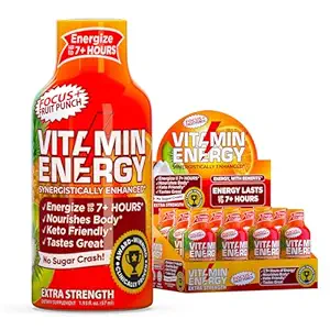 Vitamin Energy Focus+ Extra Strength Energy Shot Fruit Punch 12 Pack, 260mg Natural Caffeine, B-Vitamins, CoQ10, Amino Acids, Focus, Productivity & Clarity, Zero Sugar, Gluten-free, 1.93 fl oz