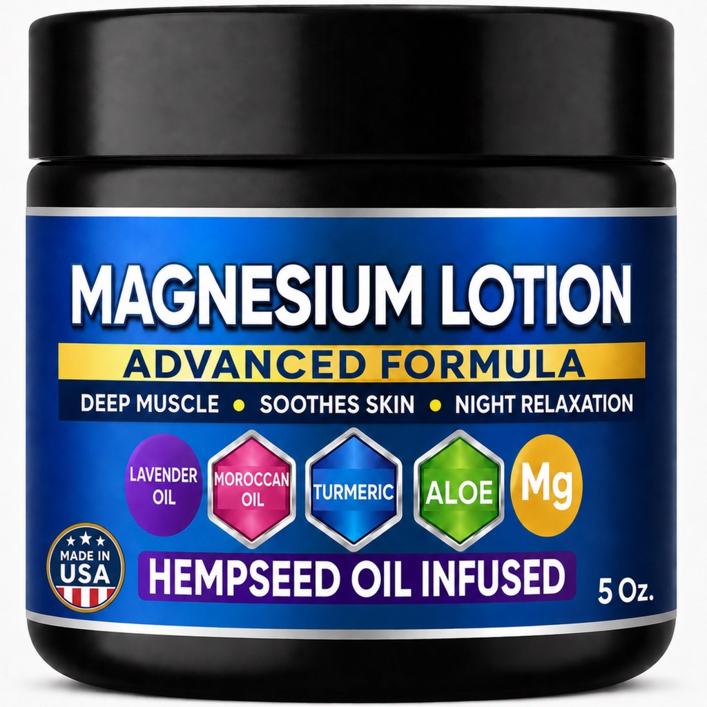 Magnesium Lotion for Sleep and Sore Muscles-Infused with Hemp, Turmeric & Moroccan Oil–Magnesium Cream for Restless Legs & Leg Cramps-5 Oz. Made in USA