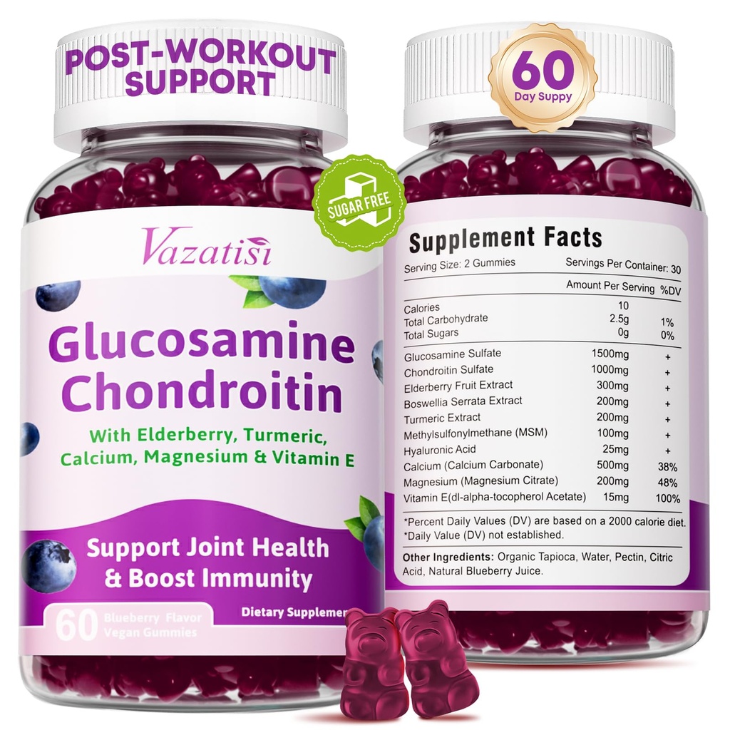 2 Συσκευασία Γλυκοσαμίνη Chondroitin Gummies - Γλυκοσαμίνη Chondroitin με MSM, Elderberry, Turmeric, Κοινή Συμπλήρωμα Υποστήριξης για Ενήλικες, άνδρες και γυναίκες - Blueberry Flavor, 120 Cts