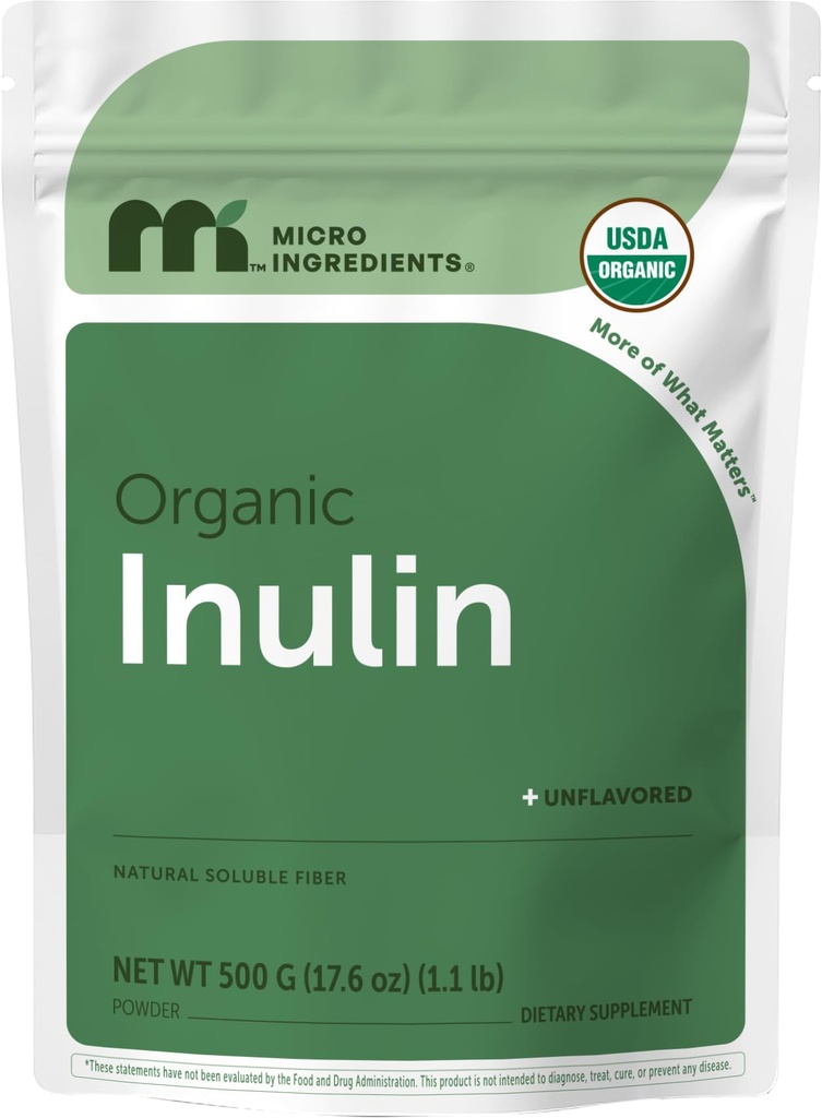 Micro Ingredients Organic Inulin FOS Fiber Powder, 1.1 lb | Quick Water-Soluble Prebiotic | Natural Unflavored Fiber for Yogurt, Smoothies, & Drinks | Vegan Friendly, Dissolves Clear, Non-GMO
