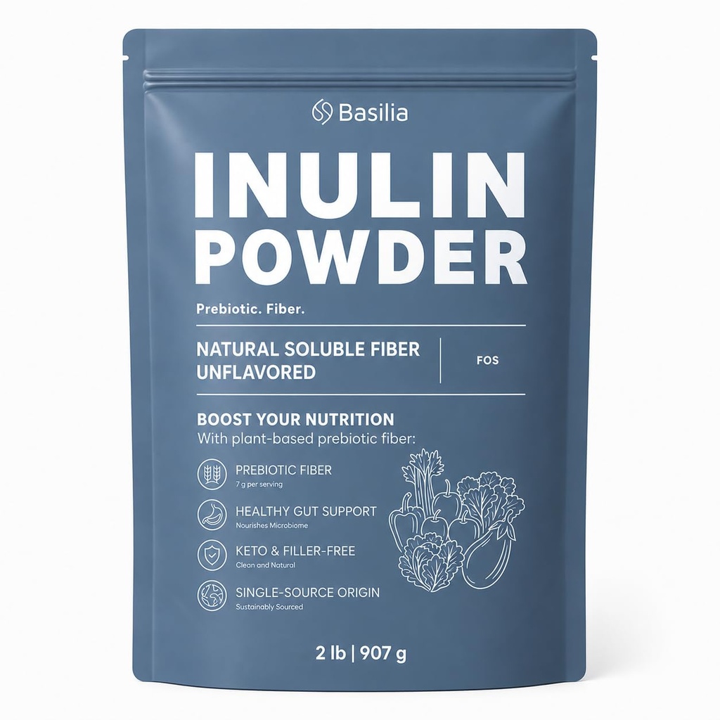 Basilia Inulin Powder | Prebiotic Fiber from Agave | Gut Health Support, Promotes Digestion, Natural Sweetener | Non-GMO, Gluten-Free, Vegan | Pure Blue Agave Inulin | 2lb Value Pack