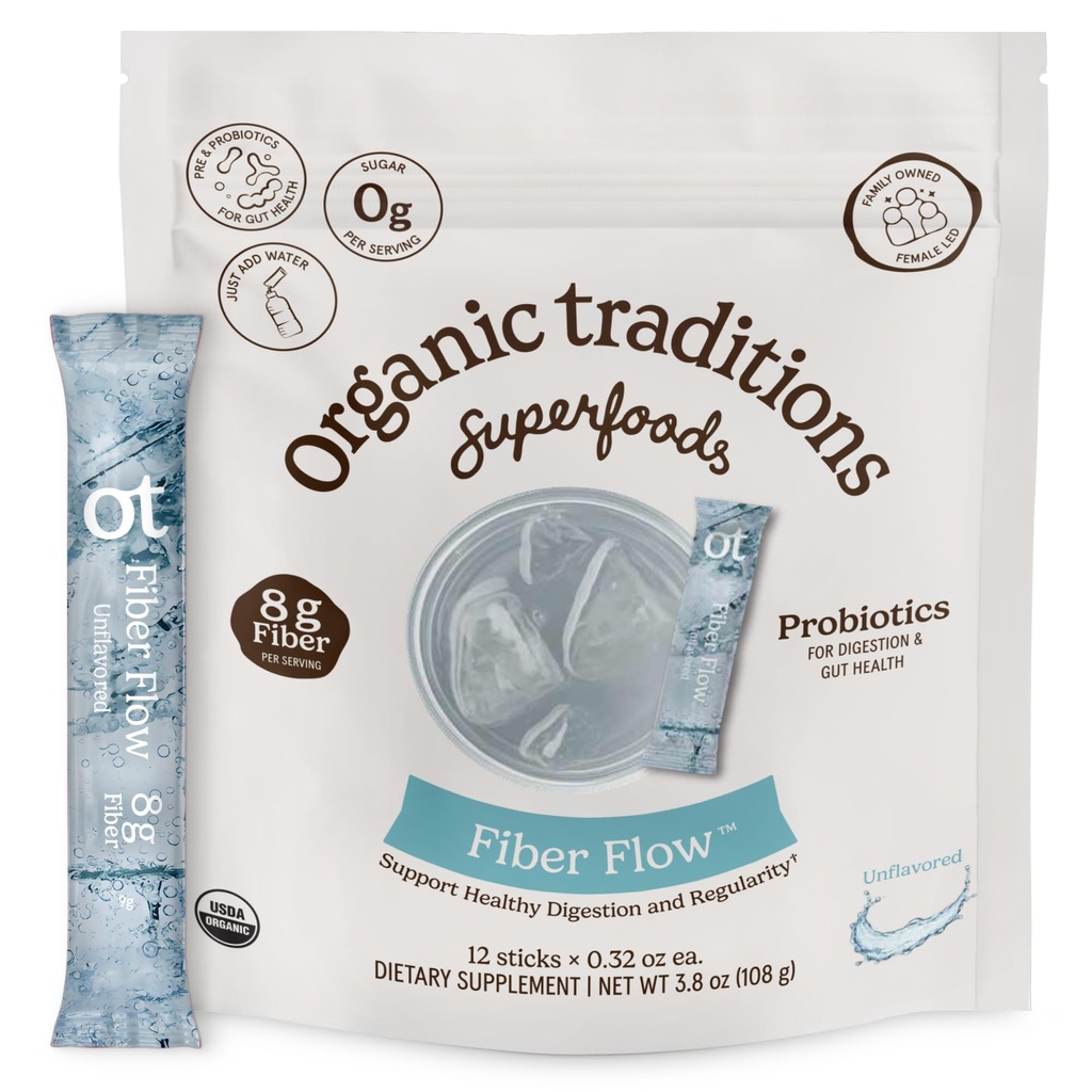 Organic Traditions Fiber Flow Unflavoured, Daily Fiber Supplement Sticks with Acacia, Inulin from Chicory Root, One Billion CFU Probiotics, Easy Mix Drink for Digestive Health, 12 Count