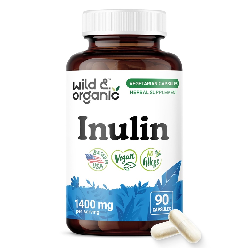Wild & Organic Inulin Capsules 1400 mg - Digestive & Gut Support - Chicory Root Inulin Powder Supplement with Prebiotic Fiber - Vegan, No Fillers, Non-GMO - 90 Count