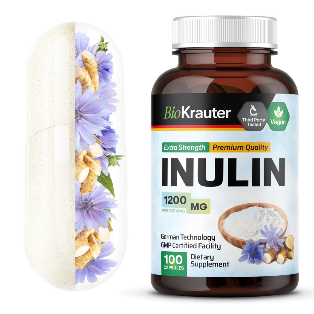 BIO KRAUTER® Inulin Powder from Chicory Root in Capsules 1200 mg per Serving 100 Count - Vegan & Pure Inulin Prebiotic Fiber for Gut & Digestive Support - No Fillers, Non-GMO - 16 Days of Supply