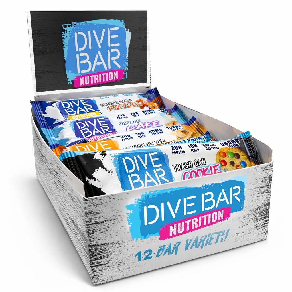 Dive Bar Nutrition Protein Bars | 20g Protein, 10g Fiber + Collagen | 90mg Caffeine Energy Snack | 12 Count (Variety Pack)