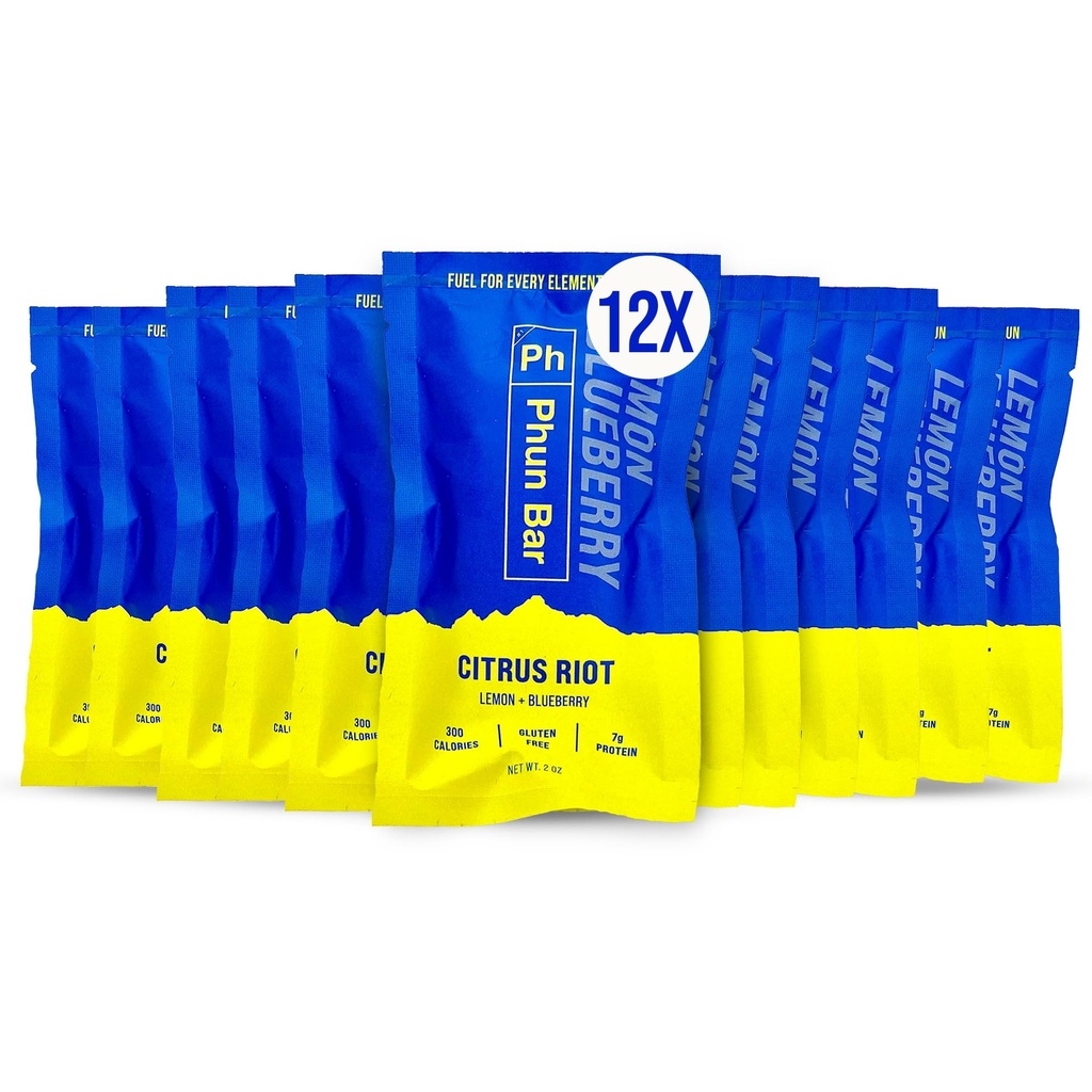 Phun Bar Citrus Riot Energy Bars (Pack of 12) | Lemon + Blueberry | 300-Calorie Gluten-Free Sports Energy Bars with Sustained Energy for Cycling, Endurance Training, Long Rides & Active Days