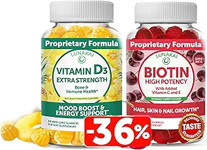 Lunakai Biotin and Vitamin D3 Gummies Bundle - Hair Skin and Nails Growth Gummies with Vitamin C and E - Immunity, Bone and Mood Support Supplement - 30 Days Supply