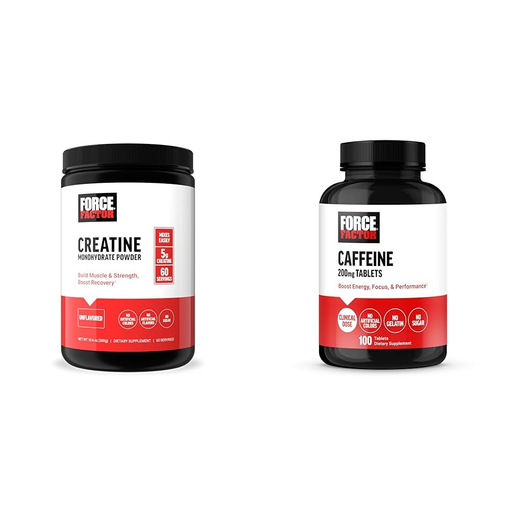 Power Factor Creatine Powder 60 Σερβιέτες και δισκία καφεΐνης 100 δισκία - Creatine for Muscle Gain and Caffeine for Energy