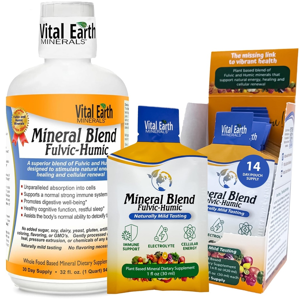 Vital Earth Minerals Detox & Wellness Support – Fulvic Humic Mineral Blend with 70+ Trace Minerals, Electrolytes, 32 Oz Bottle + 14 Single-Serve Packs