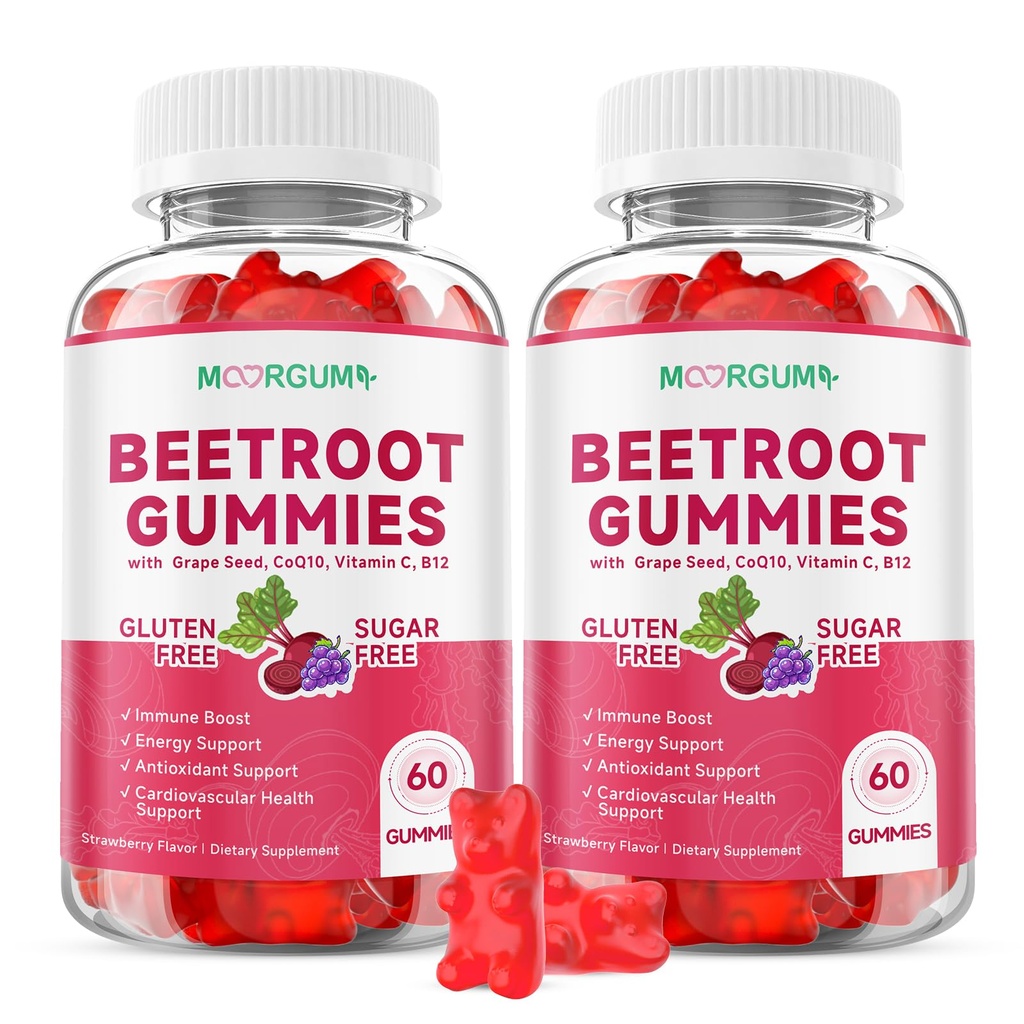 Beetroot Gummies with Grape Seed, Niacin, CoQ10, Vitamin C, B12, L-Citrulline & L-Arginine, Antioxidant Support, Sugar-Free Beet Root Supplement for Women & Men, 120 Count