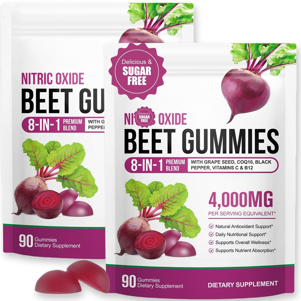 Super Beetroot Gummies, 8 in 1 Beet Root 4,000mg with Grape Seed Extract & CoQ10, Sugar Free - 90 Count (2)