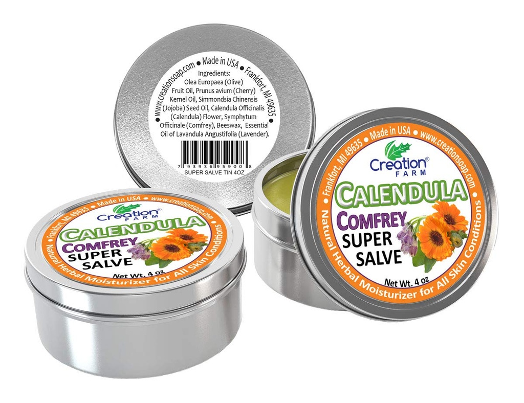 Creation Farm Calendula-Comfrey Super Salve 3 Pack of 4 oz Tins Balsamo pomade herba Caléndula Consuelda crema