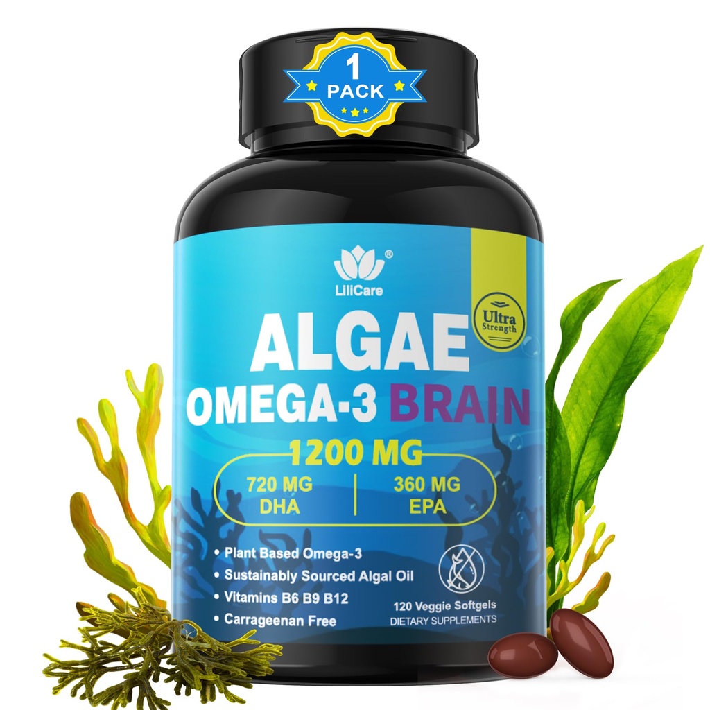 Ωμέγα 3 ιχθυέλαιο Softgels με DHA 720mg EPA 360mg, Vegan Algae Science 2:1 Ratio for Brain Eye, Plant Based SustainableSoured Omega 3 Supplement, Fish Oil Alternative 1200mg, Χωρίς γεύση ψαριών, 120Cts